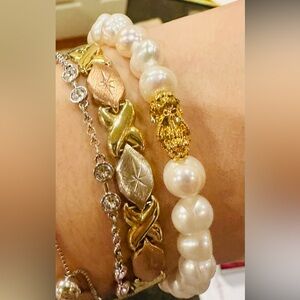 New 18K Solid Real Gold natural pearl bracelet adjustable pixiu good luck charm